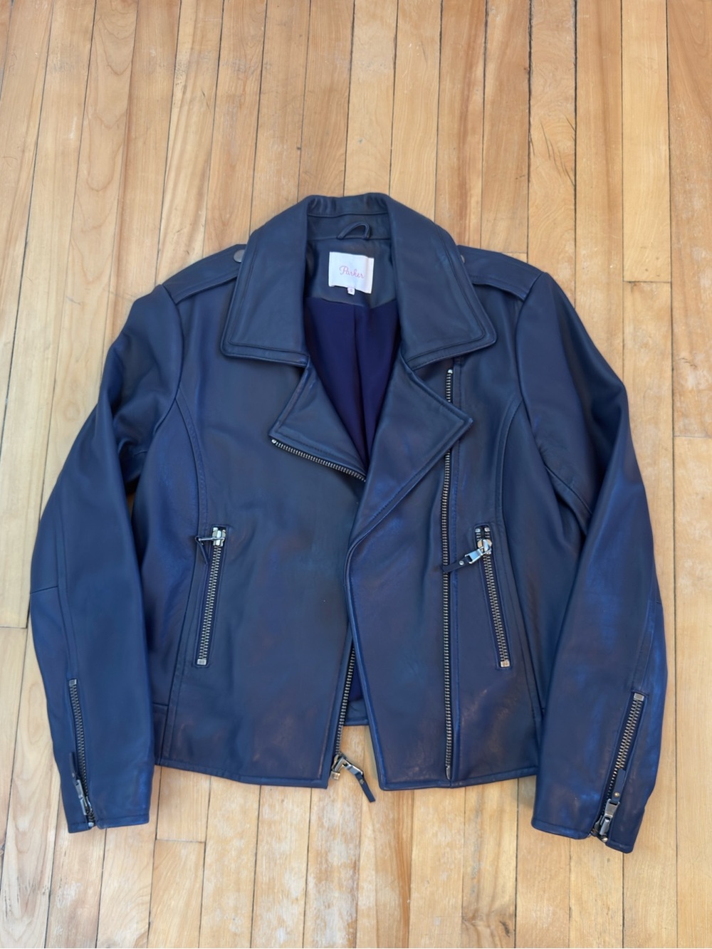 Parker Navy Blue Leather Moto Jacket Size Medium